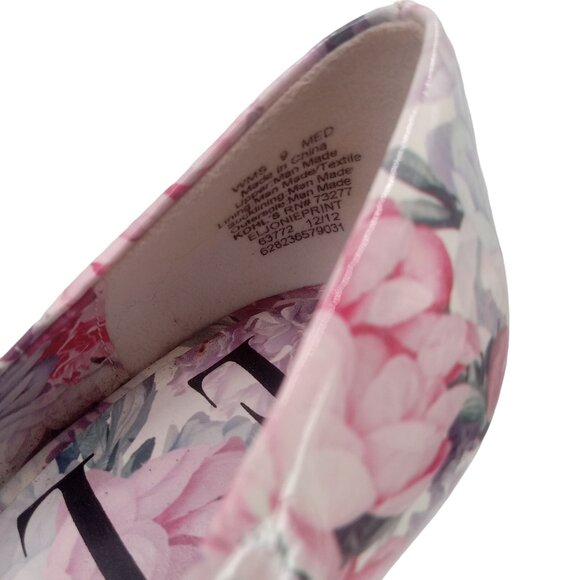 Elle Jonie Patent Floral Print Stiletto Heels 9 Pumps Asymmetrical Vamp Pink - Picture 9 of 10